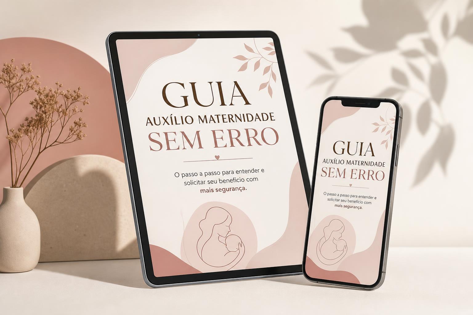 Mockup do Guia Auxílio Maternidade sem Erro em tablet e iPhone
